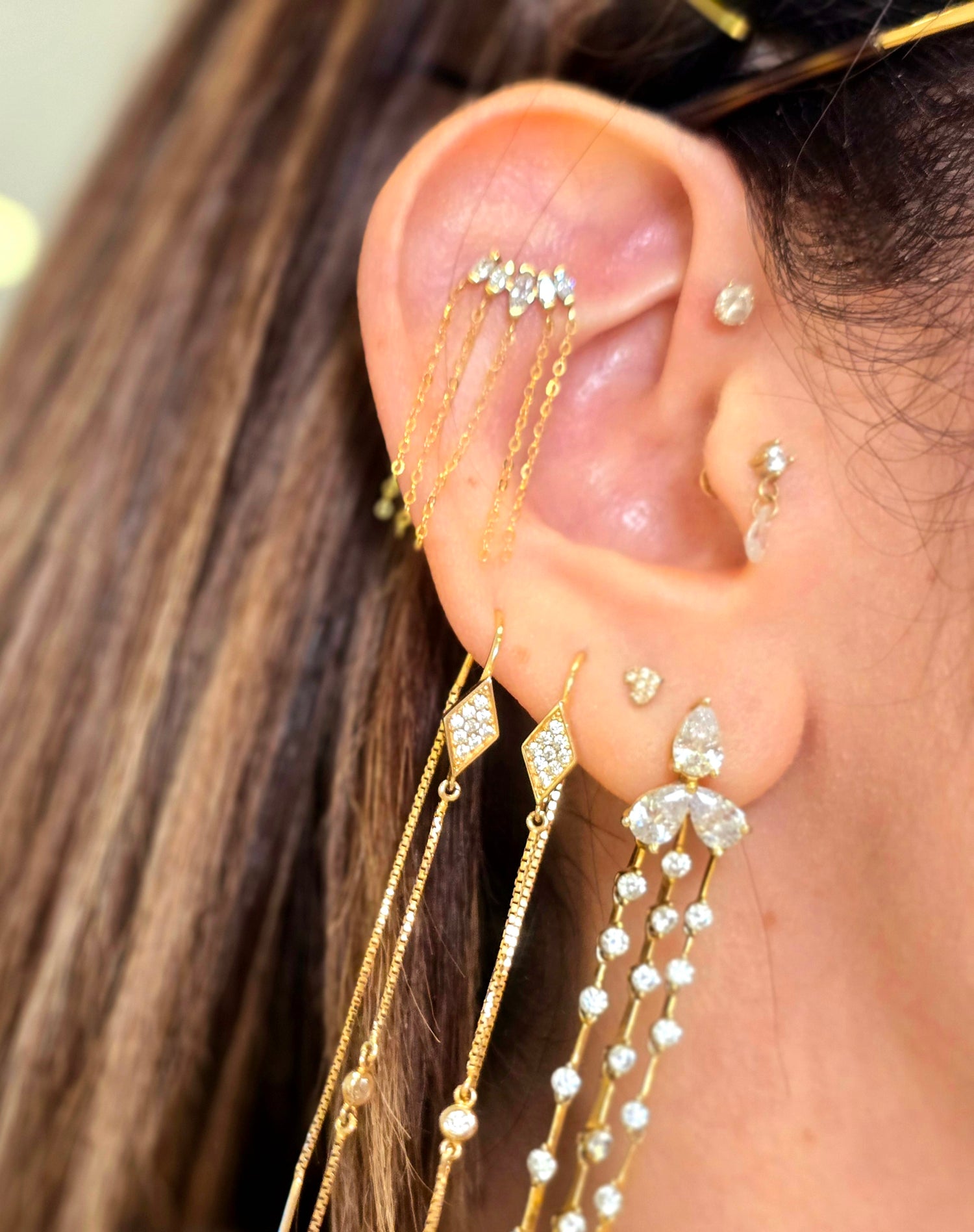 14K Piercing 5 almonds y cadena